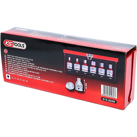 Eine rote Werkzeugbox mit KS TOOLS-Logo. Aufgedruckt sind Produktinformationen und eine Abbildung von Schraubenschlüsseln. Rechts ist die Artikelnummer "515.0000" zu sehen.